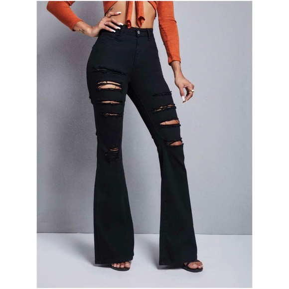 Black Distressed Retro Wide Bell Bottom Denim jeans - Picture 1 of 5